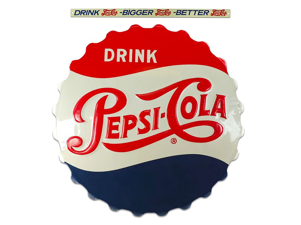 Lot 445: (2) Drink Pepsi-Cola Bottle Cap & Tin Signs Lot