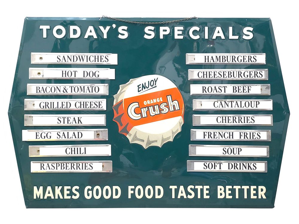 Lot 450: 1950S Enjoy Orange Crush Tin Menu Board