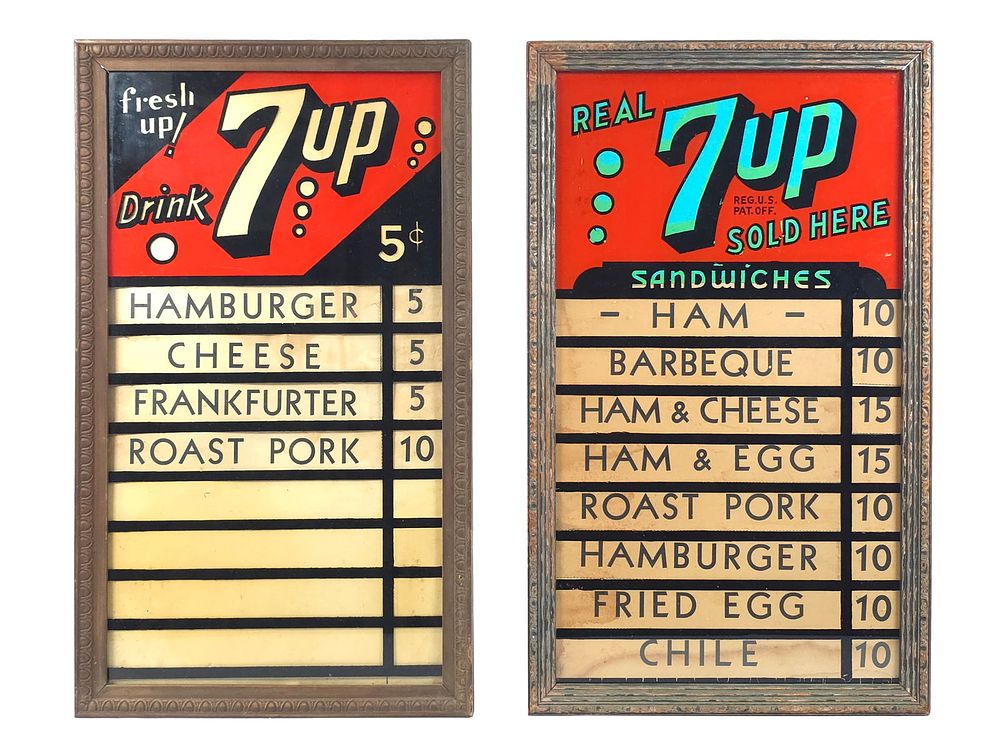 Lot 454: (2) 7-Up Sold Here Glass Menu Boards Lot