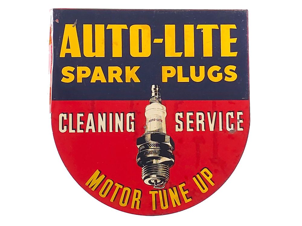 Lot 463: 1940s Auto-Lite Spark Plugs Double-Sided Flange Sign