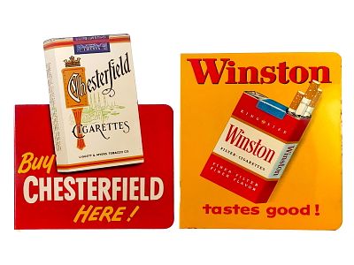 L&M and Winston Double-Sided Flange Cigarette Advertising Signs. A lot of two double-sided steel 