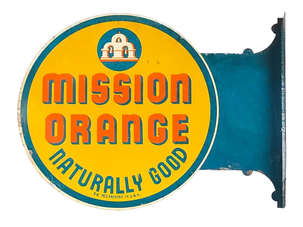 Lot 492: Mission Orange Double-Sided Tin Flange Sign