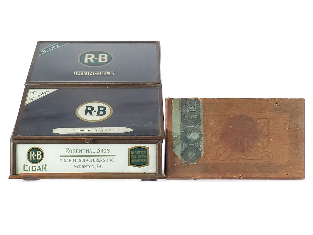 Lot 280: (2) R-B Cigars Glass Counter Top Display & 1800s "Our King" Cigar Box