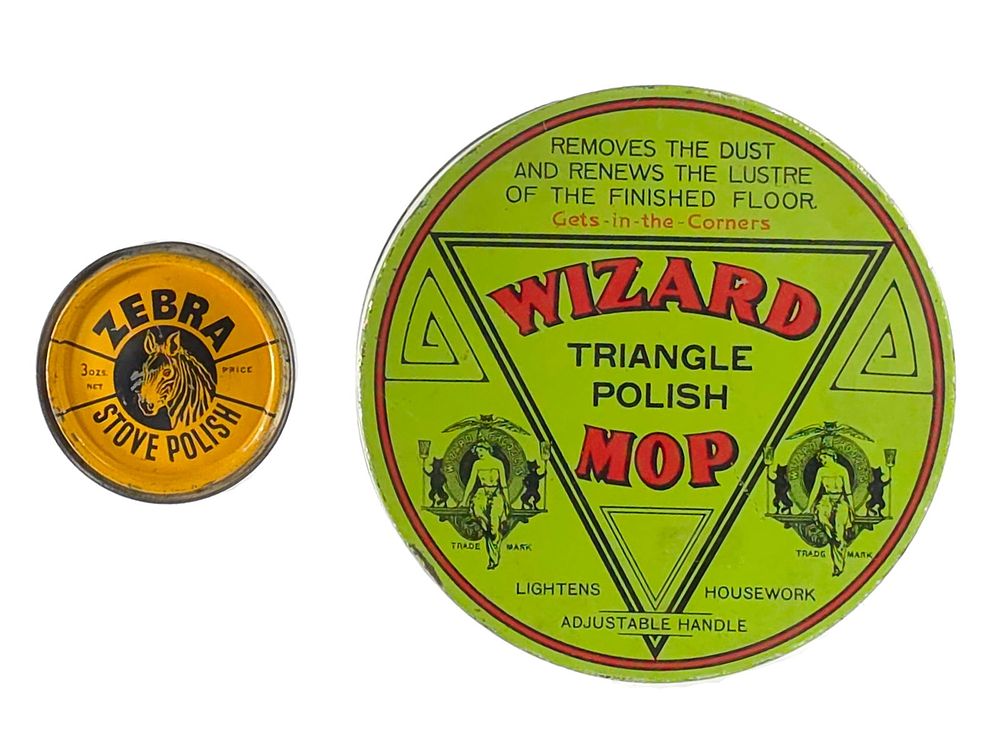 Lot 310: (2) Art Deco Wizard Mop Triangle Polish & Zebra Stove Polish Cans