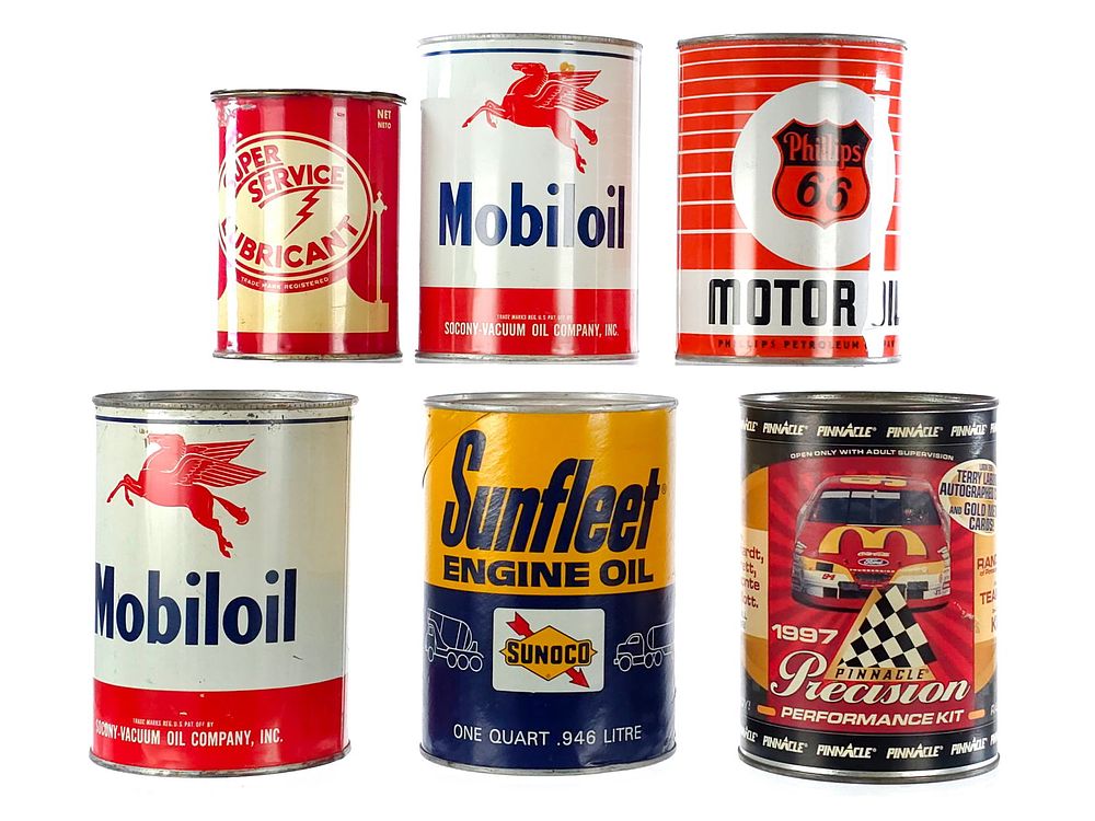 Lot 317: (6) Motor Oil & Lube Cans Mobiloil/Sunoco/Phillips