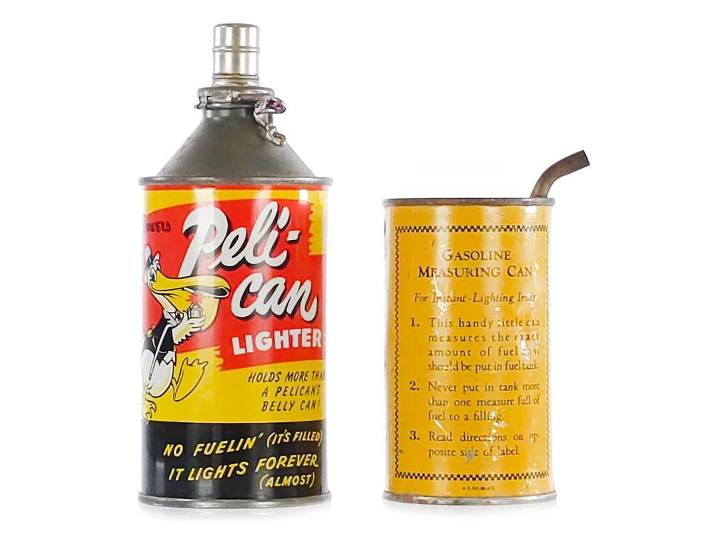 Lot 324: (2) Pelican Lighter Fluid & Coleman Instant-Lighting Irons Tin Cans