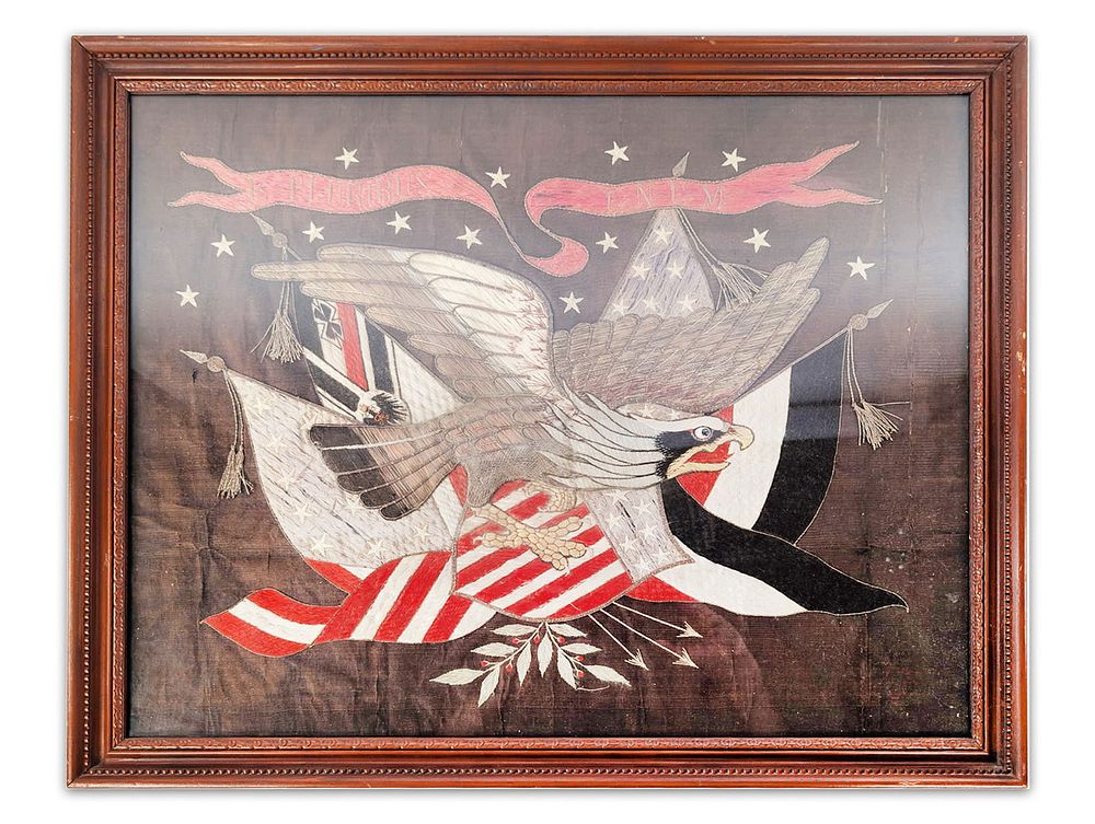 Lot 738: Antique Japanese Export Silk Embroidery Americana Patriotic Panel