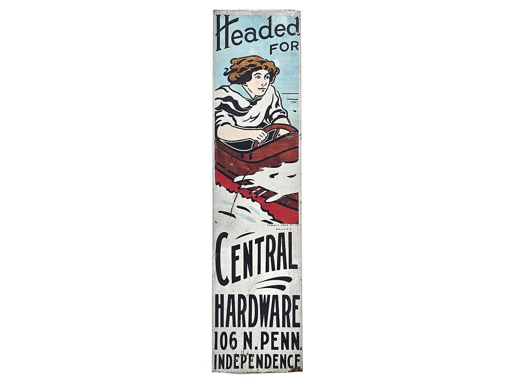 Lot 511: Headed for Central Hardware Ithaca Sign Works Tin Sign