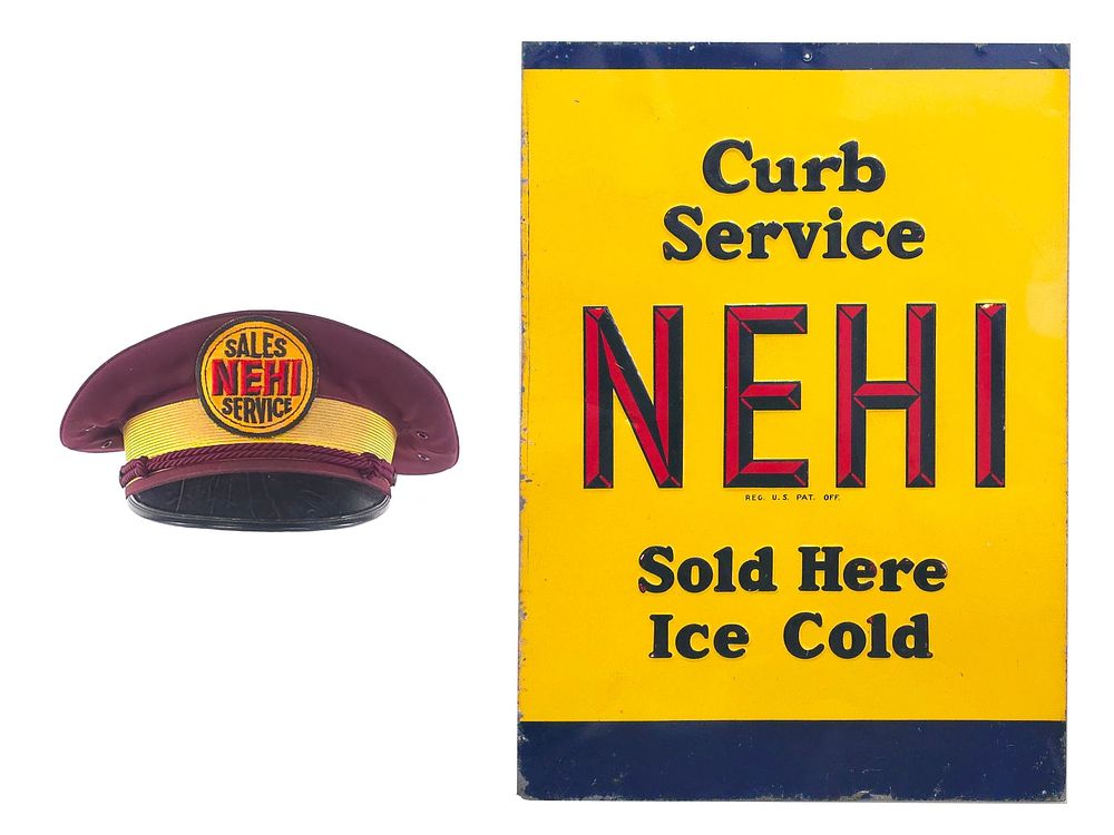 Lot 512: 1930 Curb Service NEHI Sold Here Advertising Sign with Nehi Cap