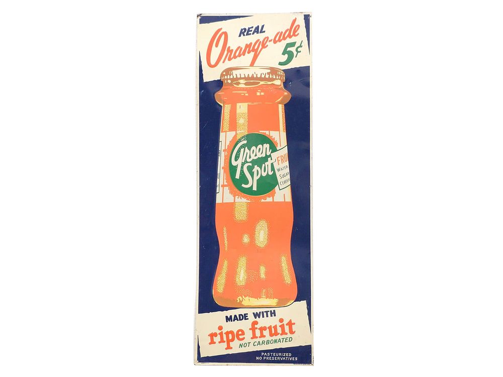 Lot 520: Green Spot 5 Cents Orange-Ade Tin Advertising Sign