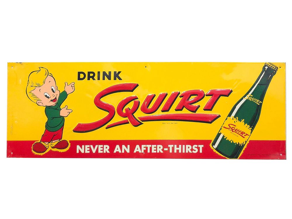 Lot 530: 1950s Squirt Drink Squirt Boy & Bottle Tin Sign