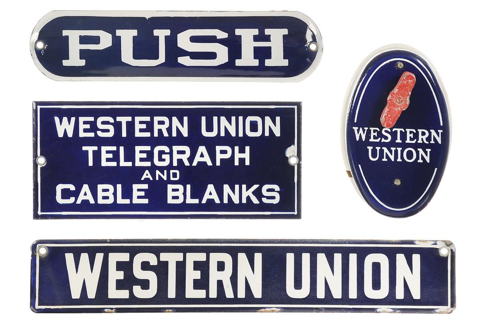 Lot 546: (4) Western Union Single-Sided Porcelain Sign & Call Box Lot