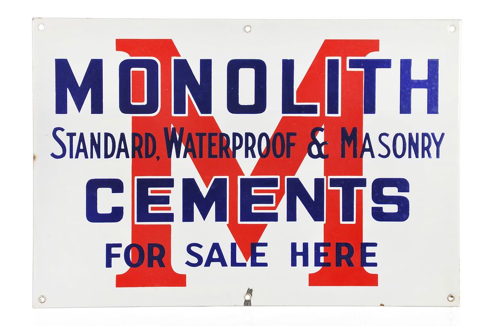 Lot 559: Monolith Cements For Sale Here Single-Sided Porcelain Sign