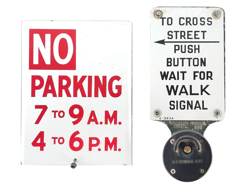 Lot 564: (2) Porcelain Traffic Sign Set No Parking & Crosswalk Push Button