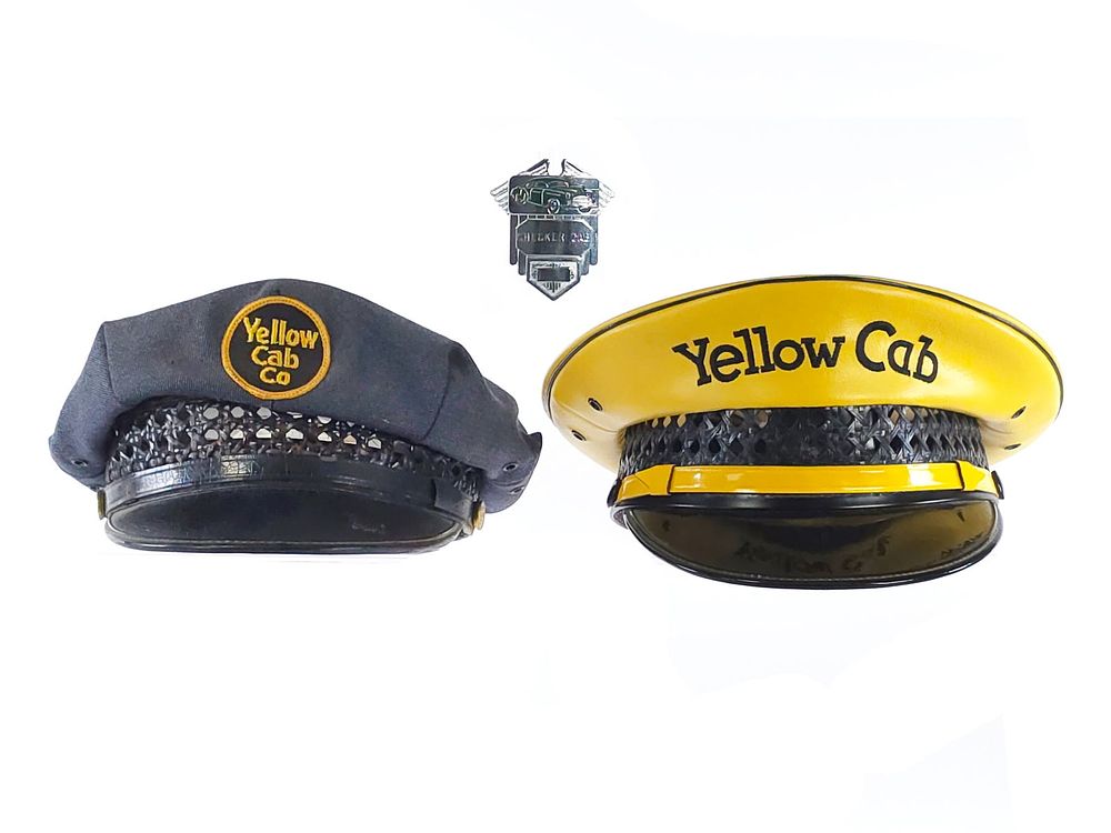 Lot 568: (3) Yellow Cab Co. Hats & Checker Cab Badge