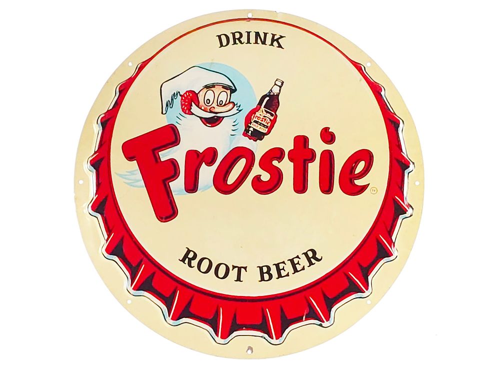 Lot 583: Frostie Root Beer Tin Bottle Cap Sign