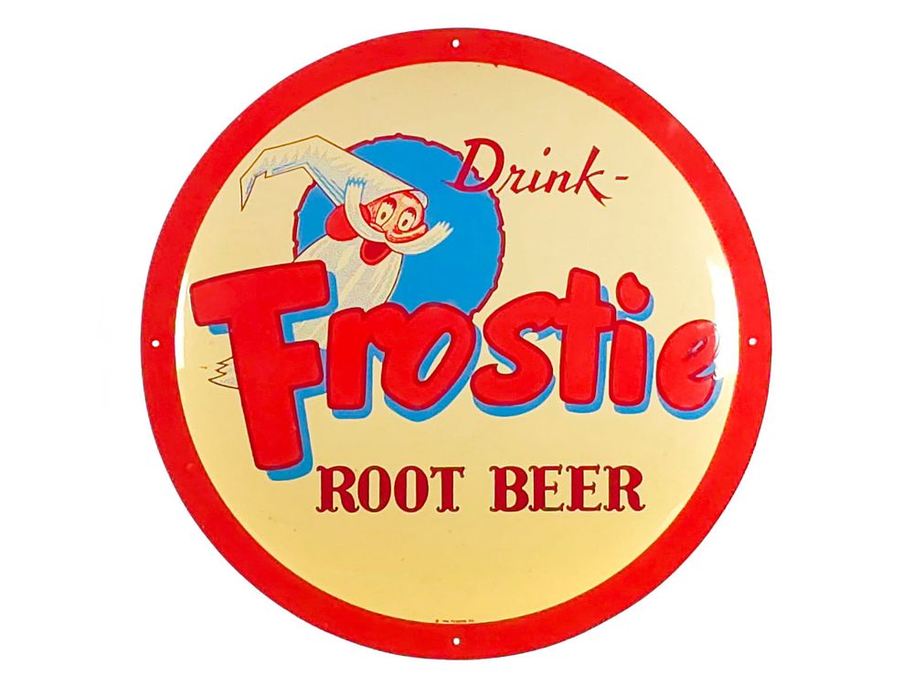 Lot 587: Drink Frostie Root Beer Button Style Tin Advertising Sign