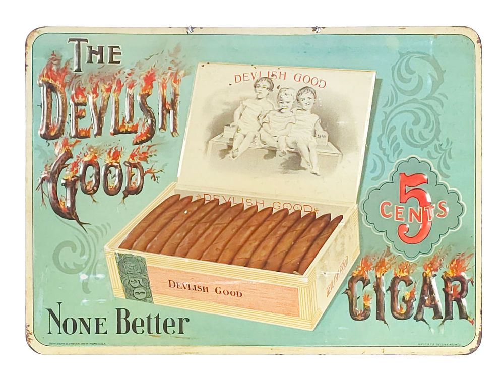 Lot 593: Early 1900s Devilish Good Cigars Tin Advertisement Sign