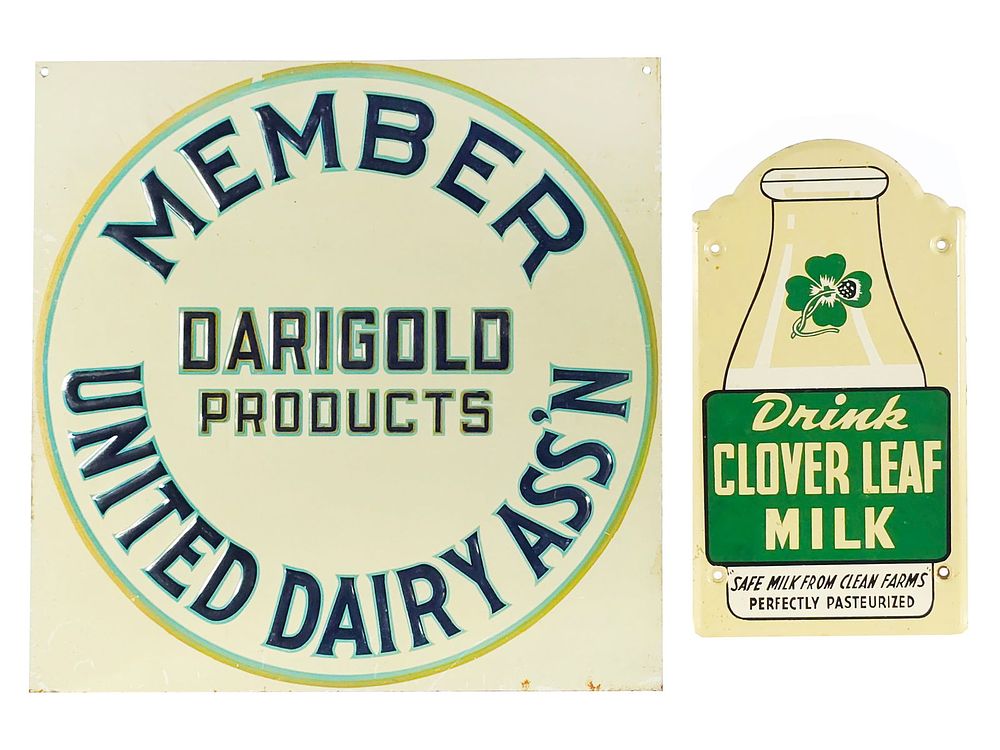 Lot 599: (2) Clover Leaf Milk & Darigold Products Tin Dairy Advertising Signs