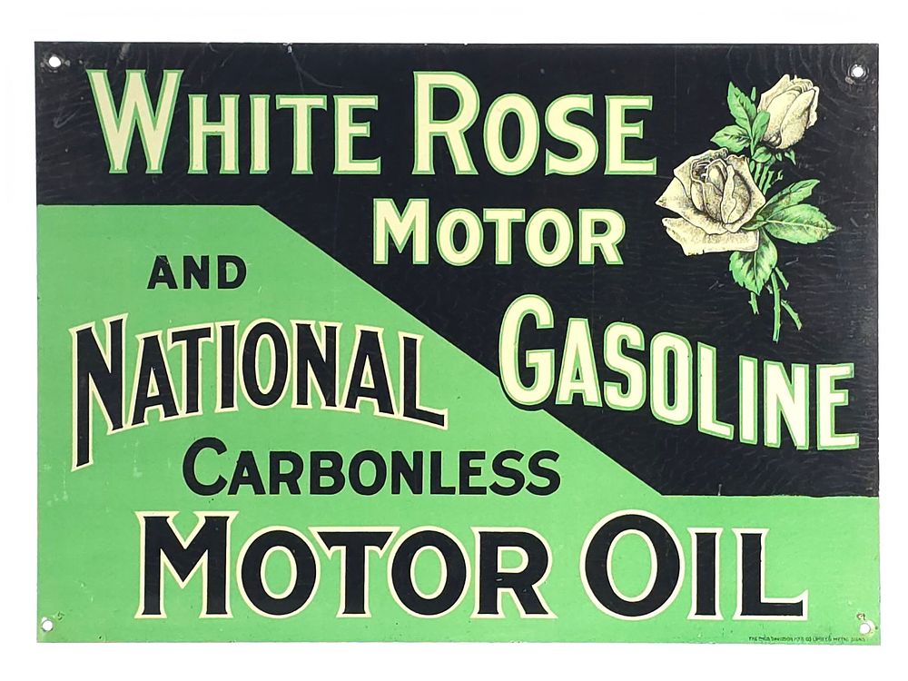 Lot 604: White Rose Motor Gasoline & National Motor Oil Single-Sided Tin Sign