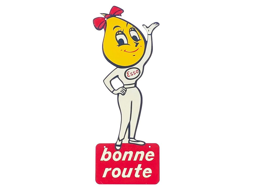 Lot 665: Esso Bonne Route Oil Drop Girl Single-Sided Tin Sign
