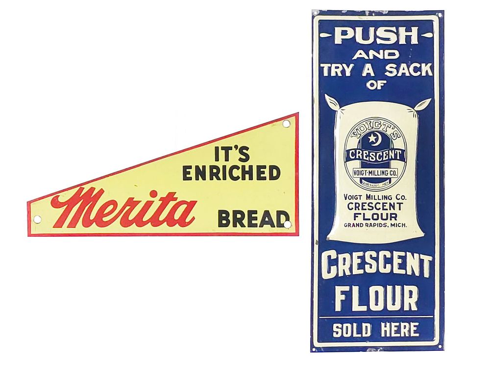 Lot 669: (2) Crescent Flour & Merita Bread Tin Signs