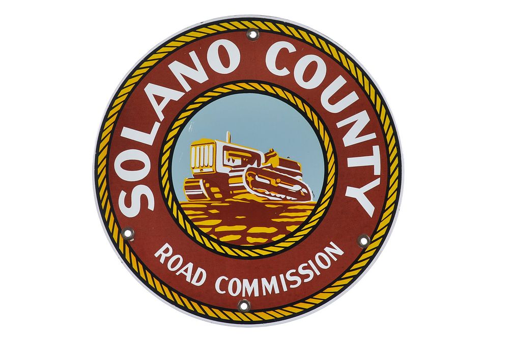 Lot 714: Solano County Road Commission Seal Single-Sided Porcelain Sign