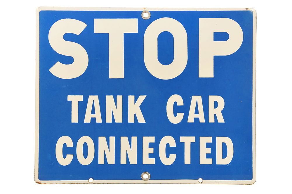Lot 720: Stop Tank Car Connected Railroad Single-Sided Porcelain Sign