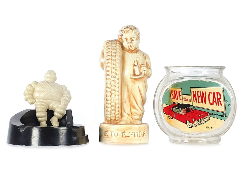 Lot 724: (3) Advertising Promotional Items Michelin Ashtray/Fisk Tires Bank
