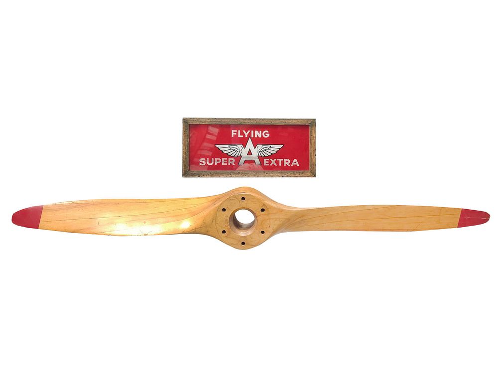 Lot 732: (2) Flying A Super Extra Sign & Wooden Propeller Blade