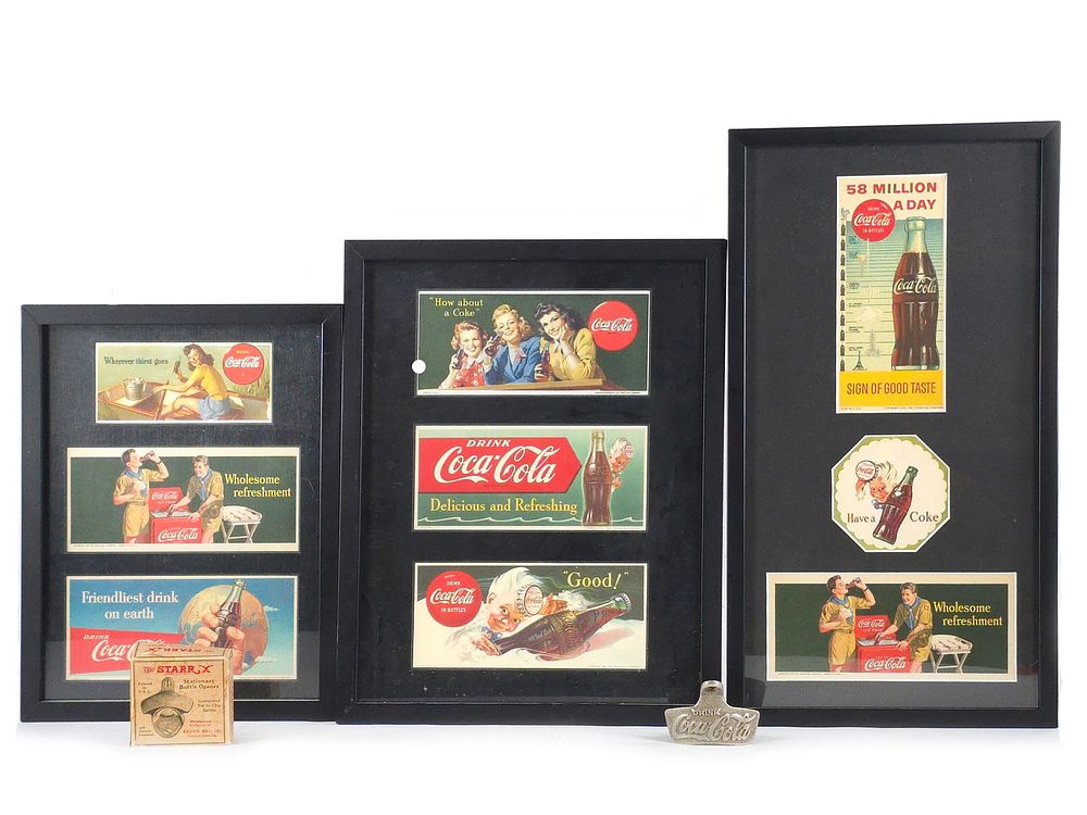 Lot 735: (3) 1940s Coca-Cola Advertising Ink Blotters Framed & Bottle Openers