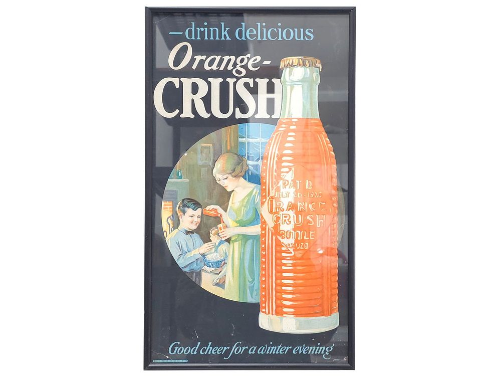 Lot 741: 1920s Orange Crush Krinkly Bottle Framed Sign