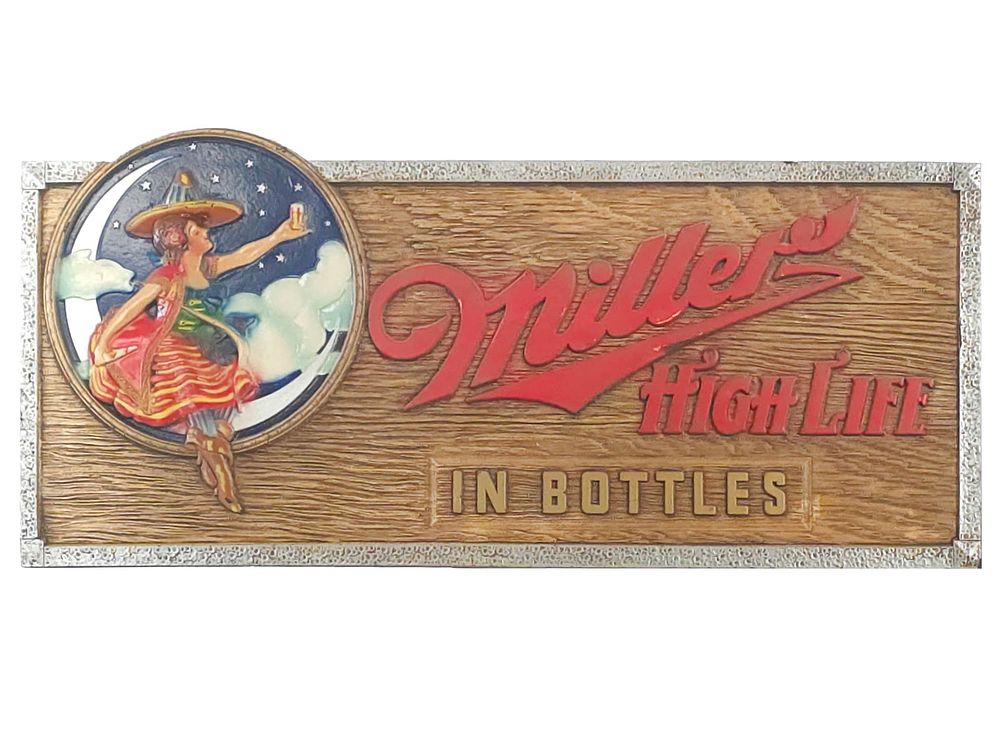 Lot 745: 1930s-1940s Miller High Life Girl on the Moon Composite Sign