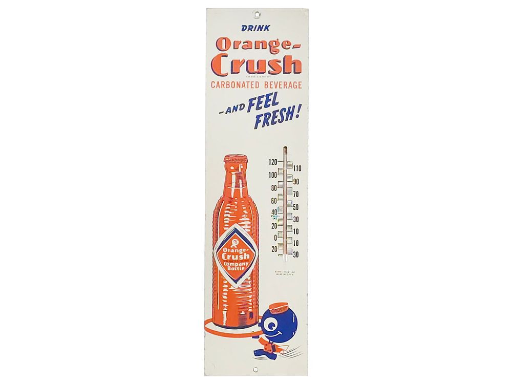 Lot 746: 1940s Drink Orange Crush Masonite Thermometer