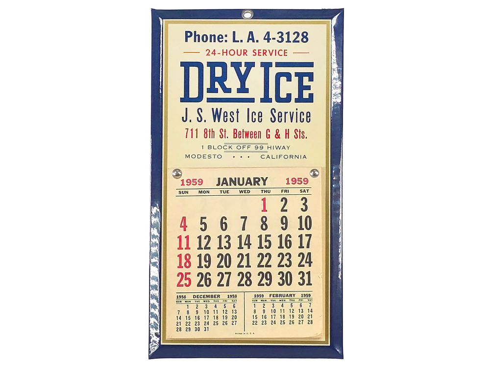 Lot 750: J.S. West Ice Service Dry Ice 1959 Calendar Tin Sign