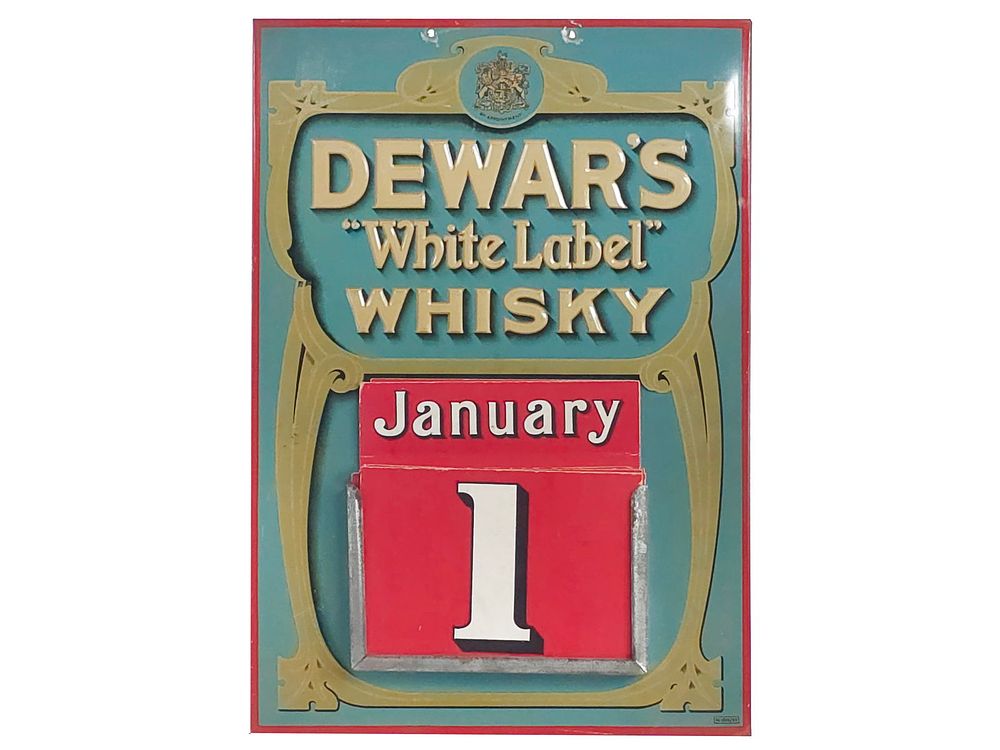 Lot 760: Dewar's White Label Whisky Calendar Tin Sign