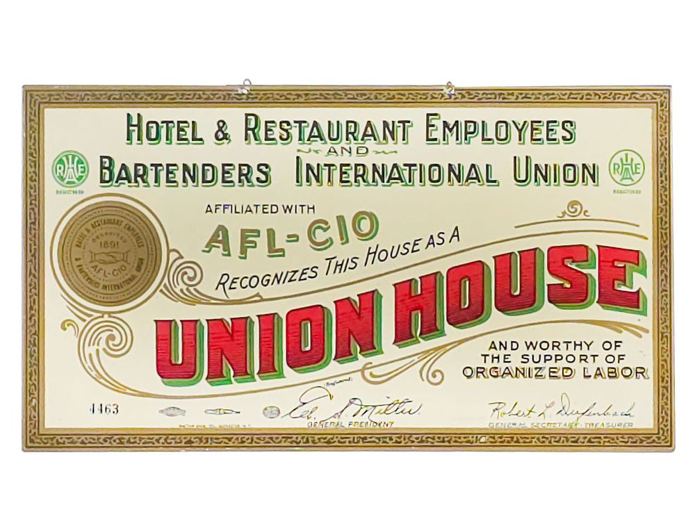 Lot 761: Hotel Bartenders International Union House Sign