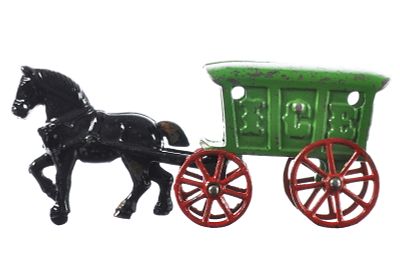 Hubley Horse-Drawn Ice Wagon Cast Iron. Early Hubley cast iron ice wagon with glossy green body 