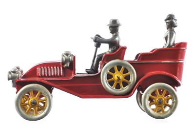 Dent Early Open Sedan with Cast Iron Drivers. An early American car form with lanterns and cast 