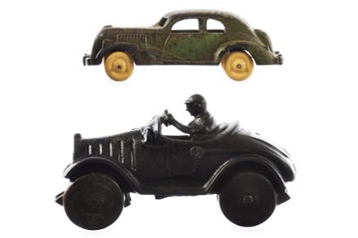 (2) Arcade Hudson & Walker Stewart Cast Iron Race Car. Unusual olive Hudson by Arcade Toys 