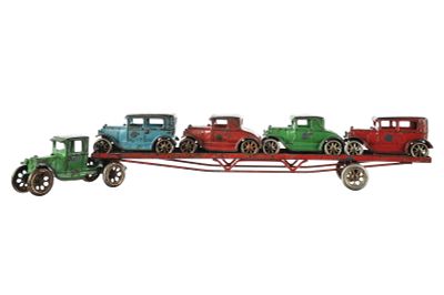 Arcade Large Four Car Truck and Trailer with Vehicles. Truck and trailer by Arcade Toys in cast 