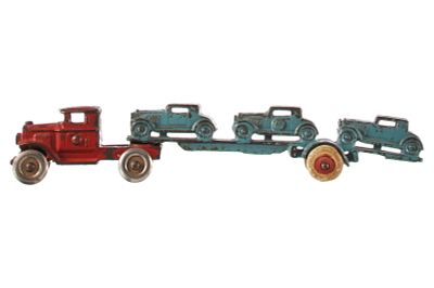 Hubley Integral Car Carrier Blue and Red. Outstanding cast iron toy with integral, or cast-in 