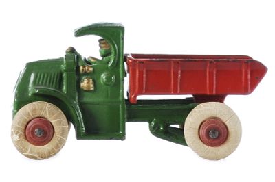Hubley Mint Mack Dump Truck Green and Red Cast Iron. Cast iron Mack C-cab toy by Hubley with 
