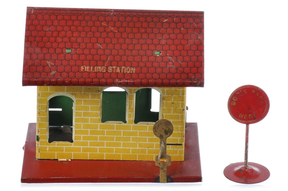 Lot 151: Bing Tin Steel Filling Station Toy with Lollipop Sign