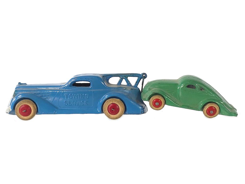 Lot 194: (2) Barclay Coupe and Streamline Tow Truck Lead Toy