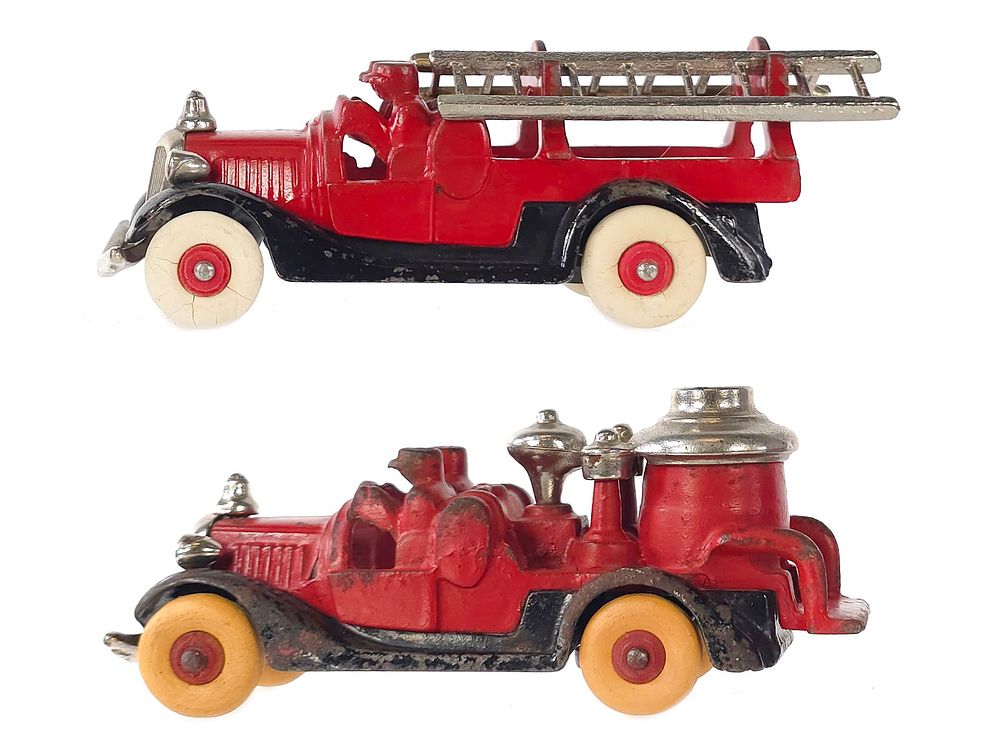 Lot 195: (2) Mint Hubley 2 Man Ladder Truck and Fire Pumper Cast Iron