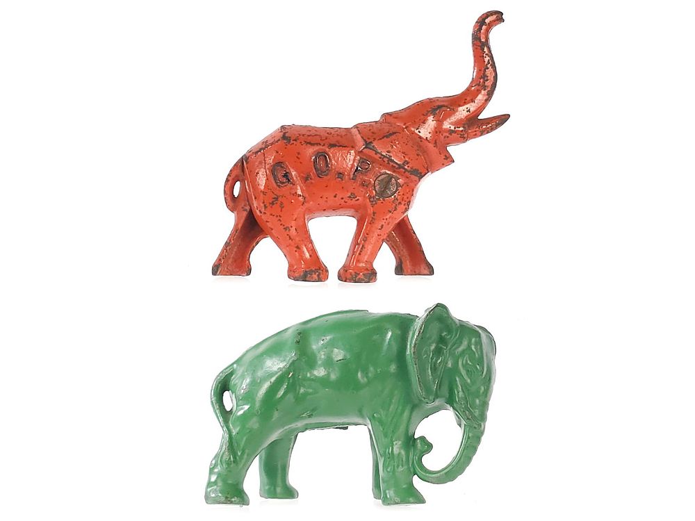 Lot 205: (2) Orange G.O.P. Still Bank by Kenton and Arcade Green Elephant