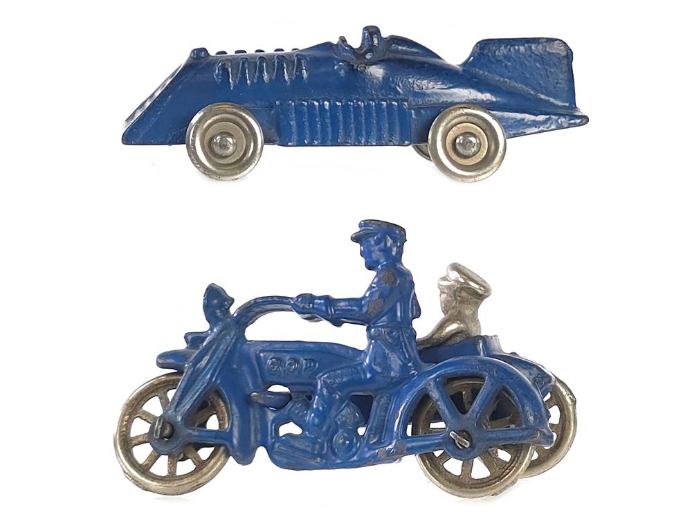 Lot 207: (2) Blue Hubley Race Car and Cop Motorcycle Cast Iron