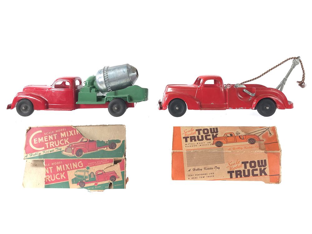 Lot 221: (2) Hubley Dual Truck Set Cement & Tow Boxed Diecast Toys