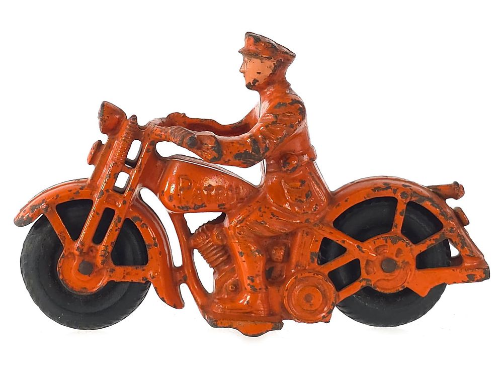 Lot 223: 1940 Hubley Cast Iron Patrol Motorcycle in Orange